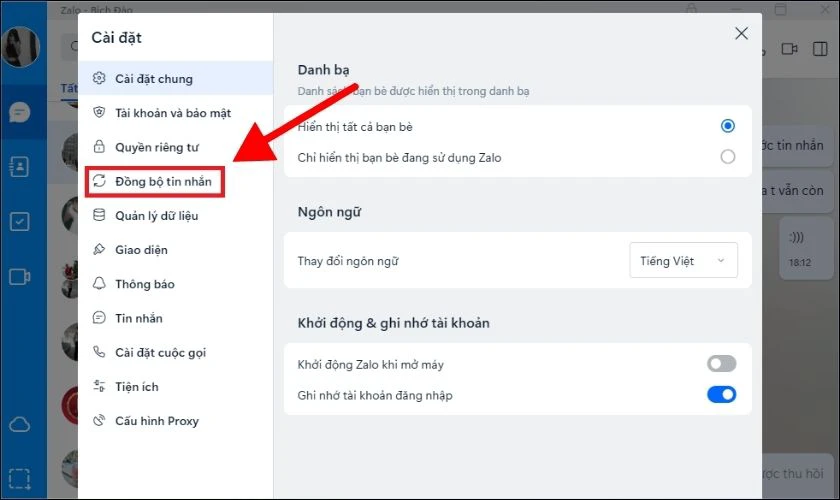 Trong cửa sổ c&agrave;i đặt, bạn chọn v&agrave;o mục Đồng bộ tin nhắn
