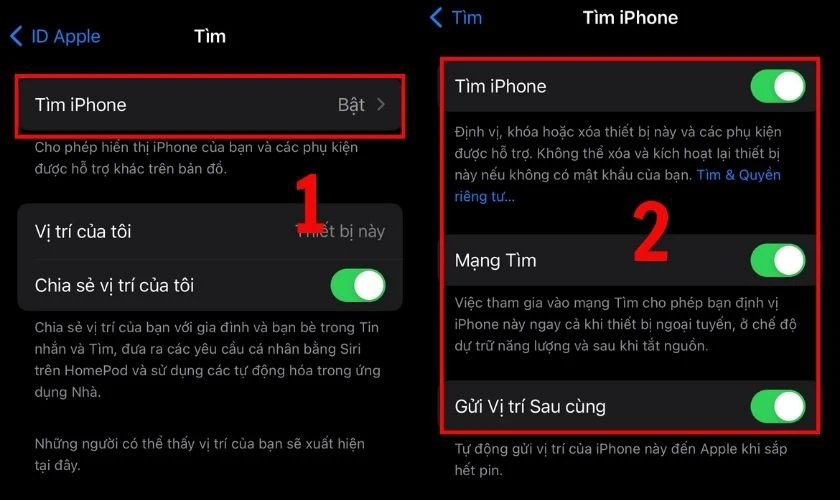 Chọn T&igrave;m iPhone v&agrave; đảm bảo rằng bạn đ&atilde; gạt thanh trạng th&aacute;i T&igrave;m iPhone sang b&ecirc;n phải