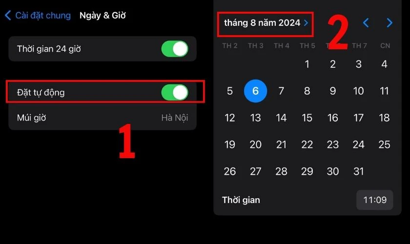 Nhấn Đặt tự động để tắt t&iacute;nh năng n&agrave;y, sau đ&oacute; bạn điều chỉnh thời gian thủ c&ocirc;ng