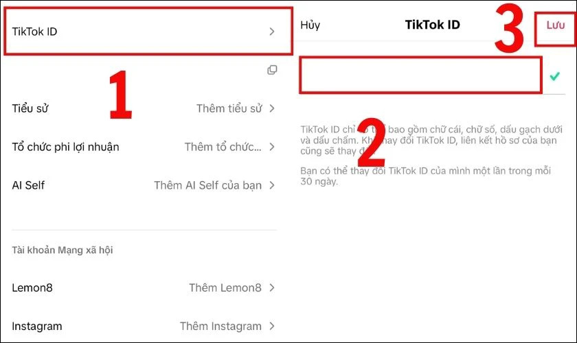 Tiếp tục nhấn v&agrave;o TikTok ID để bắt đầu qu&aacute; tr&igrave;nh đổi t&ecirc;n
