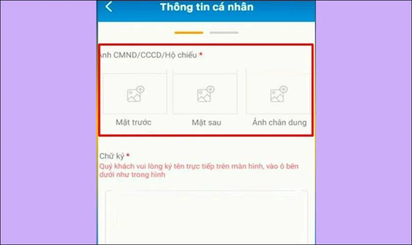 Thực hiện nhập CMND/CCCD/Hộ chiếu mặt trước, sau v&agrave; ảnh ch&acirc;n dung