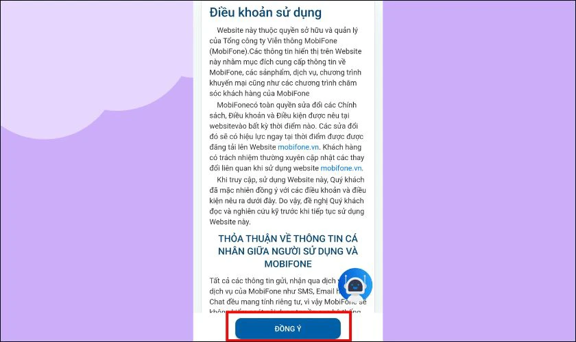 Bấm v&agrave;o Đồng &yacute; với điều khoản & quy định của MobiFone