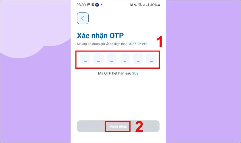 Điền m&atilde; OTP v&agrave; bấm Đăng nhập