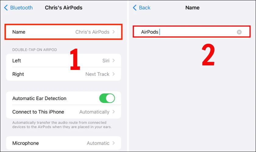 Chạm v&agrave;o t&ecirc;n hiện tại của AirPodss, sau đ&oacute; nhập t&ecirc;n mới m&agrave; bạn mong muốn