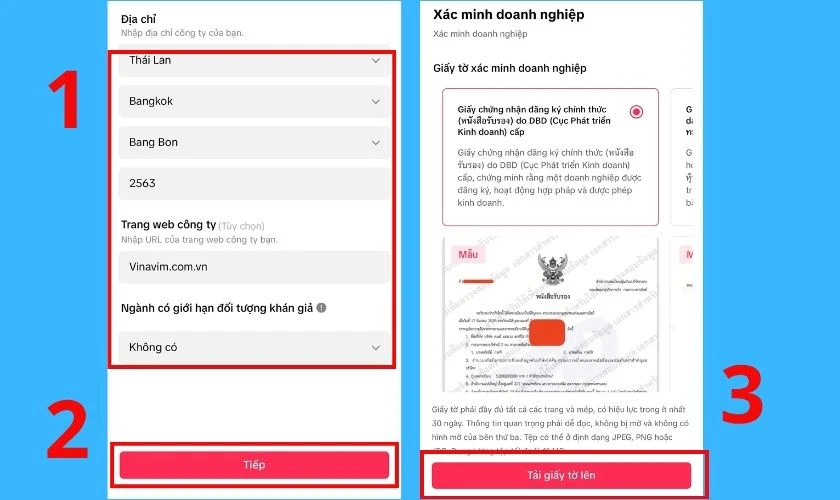 Điền các thông tin mà TikTok yêu cầu và tải lên các giấy tờ