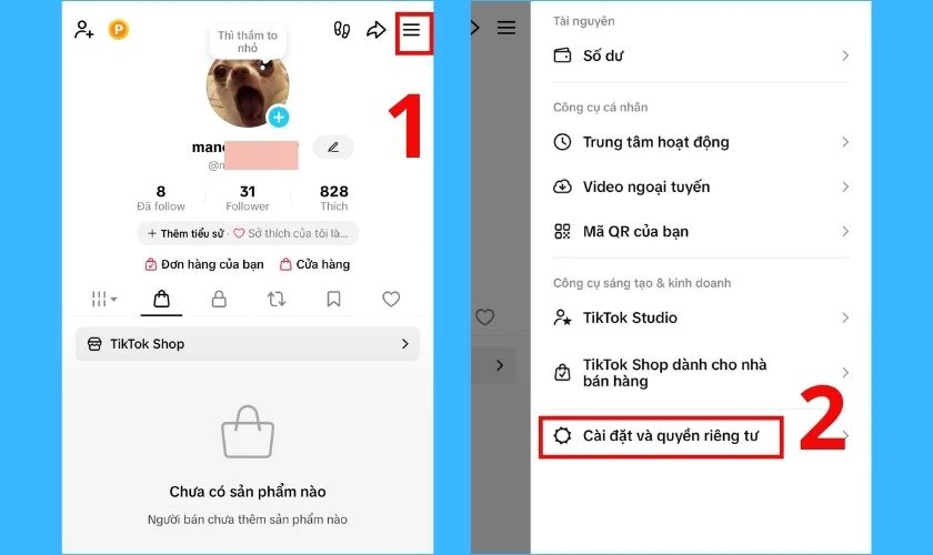 Nhấn vào biểu tượng Menu (☰) ở góc trên bên phải và chọn Cài đặt và quyền riêng tư