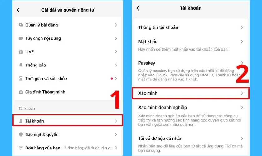 Vào mục Tài khoản và chọn mục Xác minh