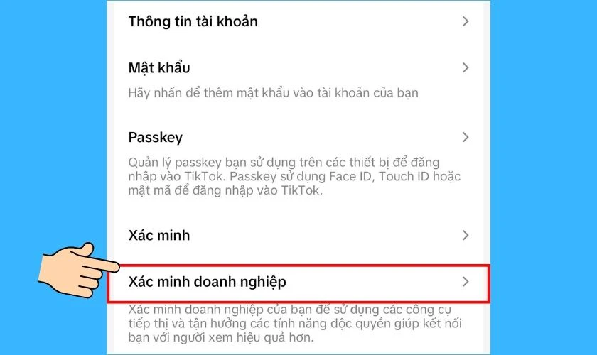 Chọn mục Xác minh doanh nghiệp