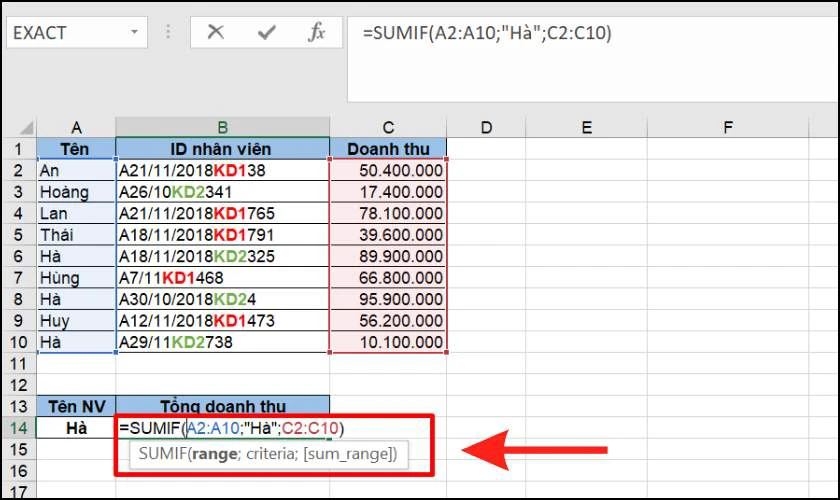 Cách tính tổng theo tên trong Excel đơn giản