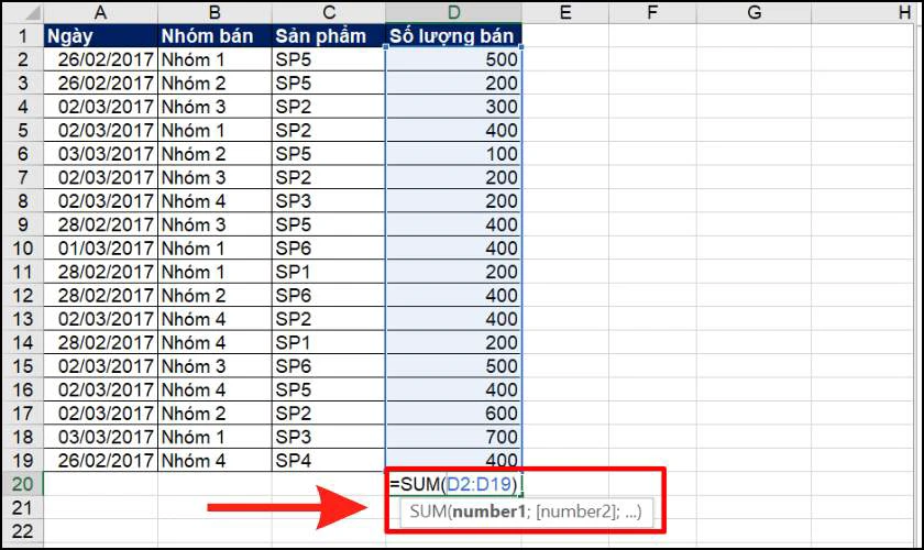 Cách tính tổng hàng dọc trong Excel