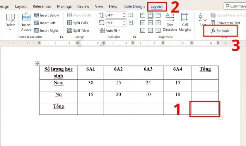 Chọn ô muốn hiển thị kết quả, sau đó vào LAYOUT và chọn Formula