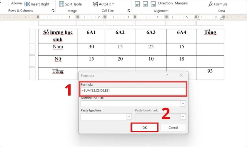 Tính tổng trong Word theo dữ liệu tự chọn
