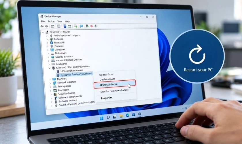 Chọn Uninstall device và khởi động lại