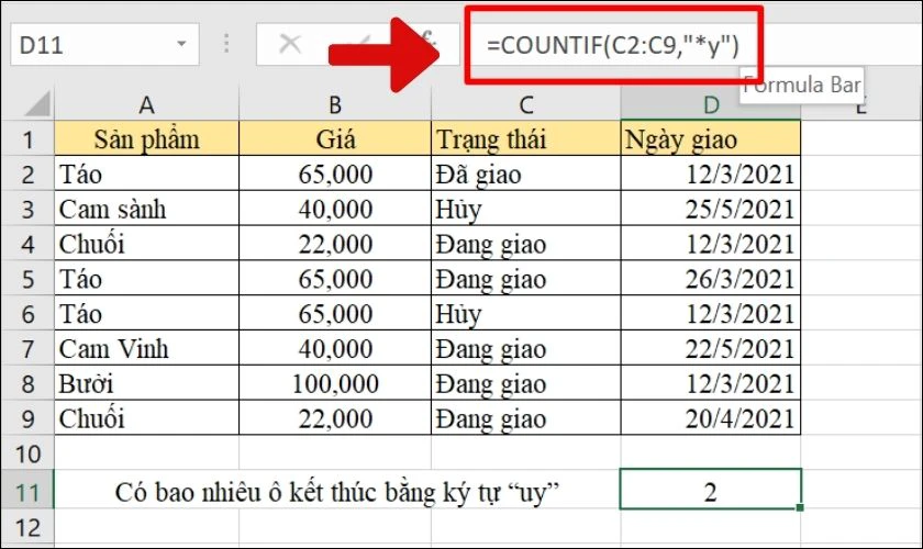 Cách dùng COUNTIF để đếm ô kết thúc bằng ký tự nhất định
