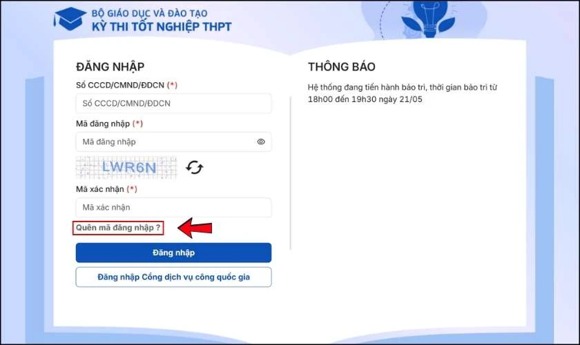 Quên mã đăng nhập hệ thống tra cứu