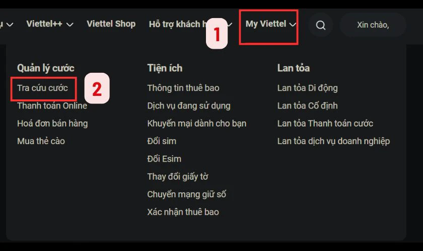 chọn mục My Viettel v&agrave; sau đ&oacute; chọn Tra cứu cước