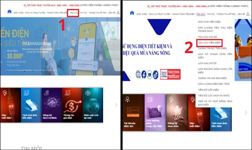 Nhấn mục Tra cứu và chọn Hóa đơn tiền điện