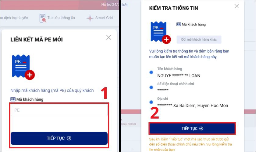 Nhập mã khách hàng và nhấn Tiếp tục