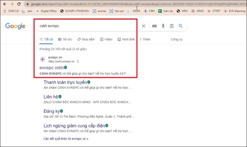 Tìm và truy cập website cskh evnspc