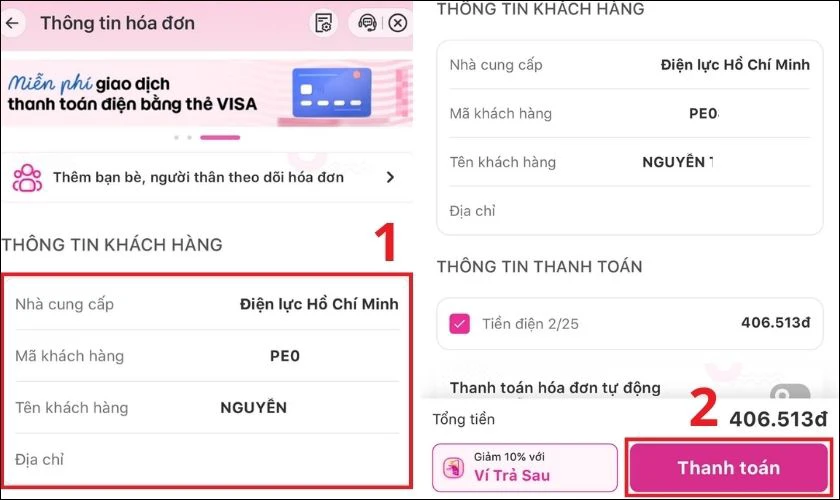 Xem số tiền trên hóa đơn, kiểm tra chính xác thông tin