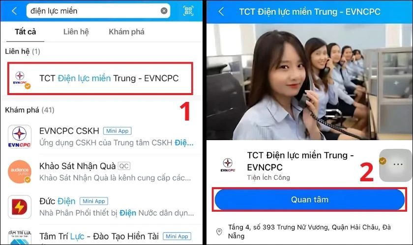 Tìm kiếm tài khoản EVN của địa phương bạn sống và nhấn Quan tâm