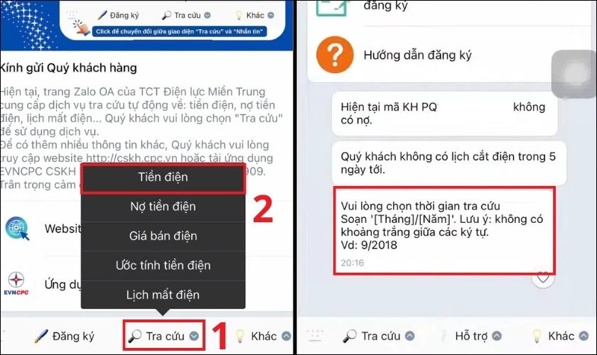 Chọn chức năng Tra cứu và nhấn vào mục Tiền điện