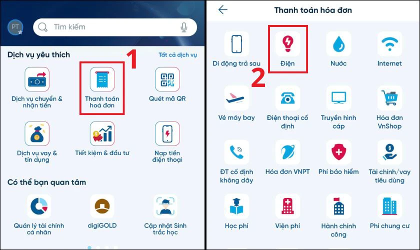 Chọn mục Thanh toán hóa đơn và tiếp tục chọn Điện