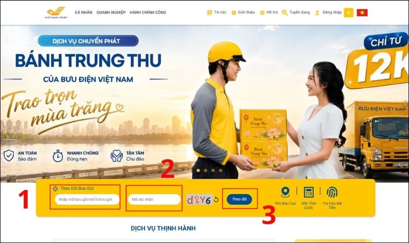 Nhập Số bưu gửi (Chính là mã vận đơn) và Mã xác nhận, nhấn Theo dõi