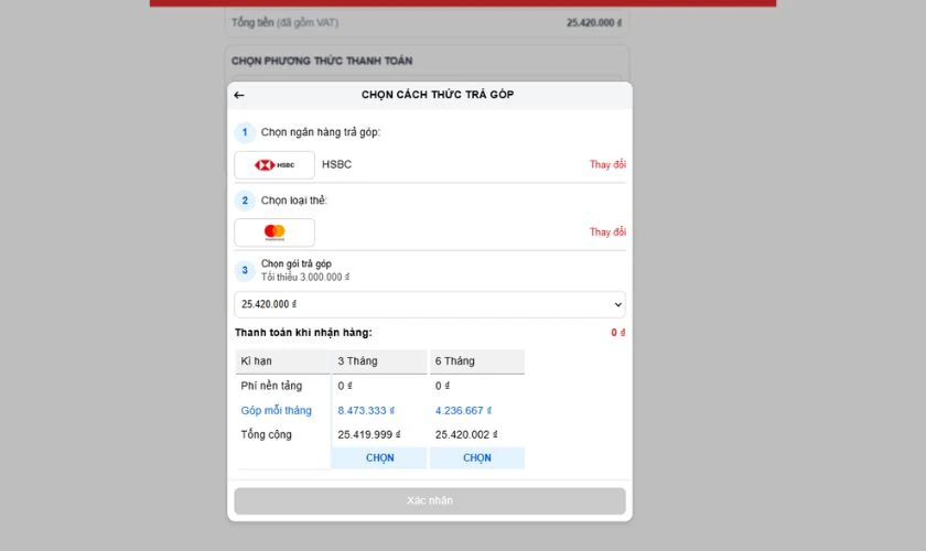 Bước 4: Chọn phương thức trả góp muốn thanh toán và nhấn Tiếp tục
