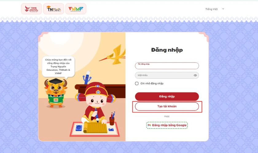 Nhấn chọn mục Tạo tài khoản ở góc trên bên phải
