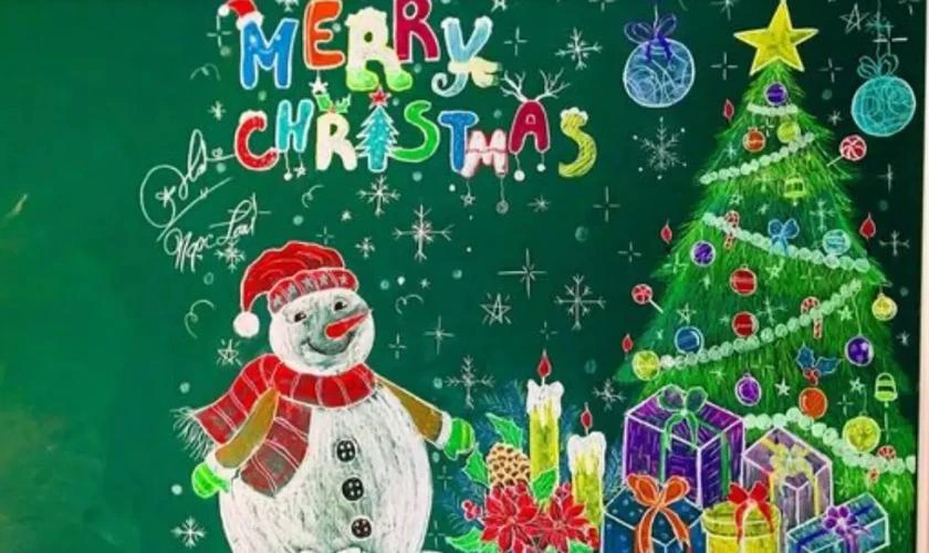 Trang trí bảng Noel hình hộp quà cây thông