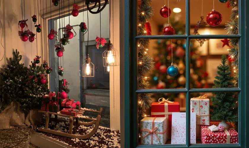 Trang trí cửa kính Noel bằng hộp quà giáng sinh