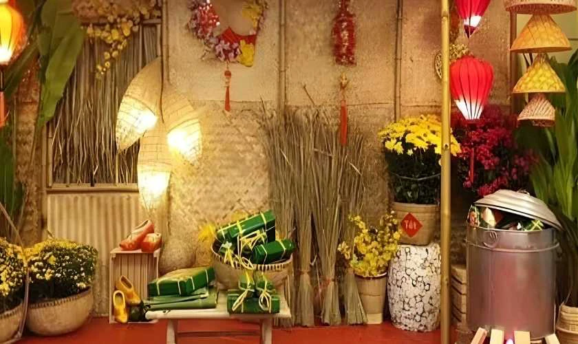 Trang trí gian hàng Tết bằng mành tre tiểu cảnh