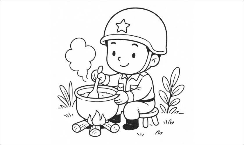 Tranh vẽ chú bộ đội đang nấu cơm