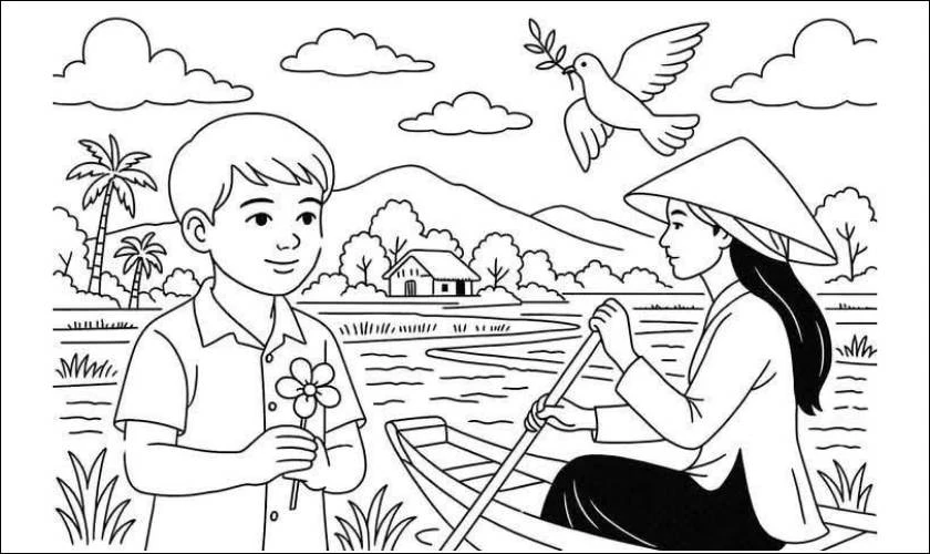 Tranh tô màu chủ đề vùng quê bình yên