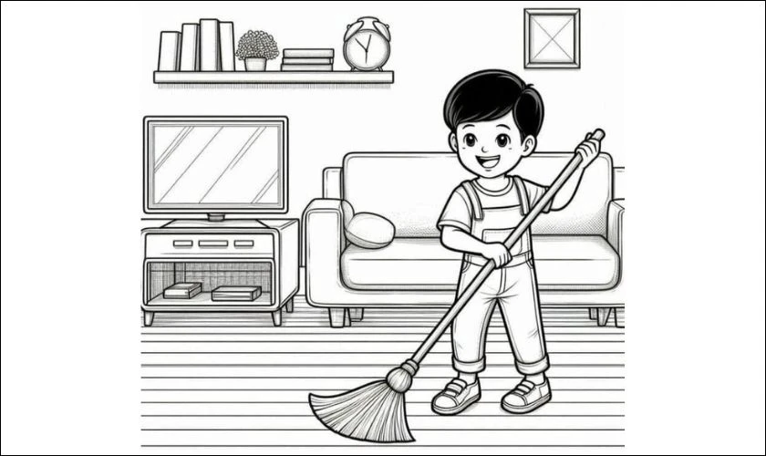 Tranh vẽ cậu bé đang quét nhà