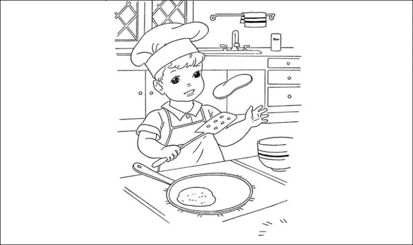 Hình vẽ cậu bé đang làm bánh