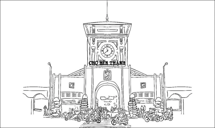 Tranh tô màu Chợ Bến Thành