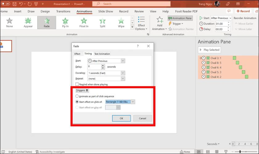 Chọn đối tượng Start effect on click of l&agrave; n&uacute;t Bắt đầu