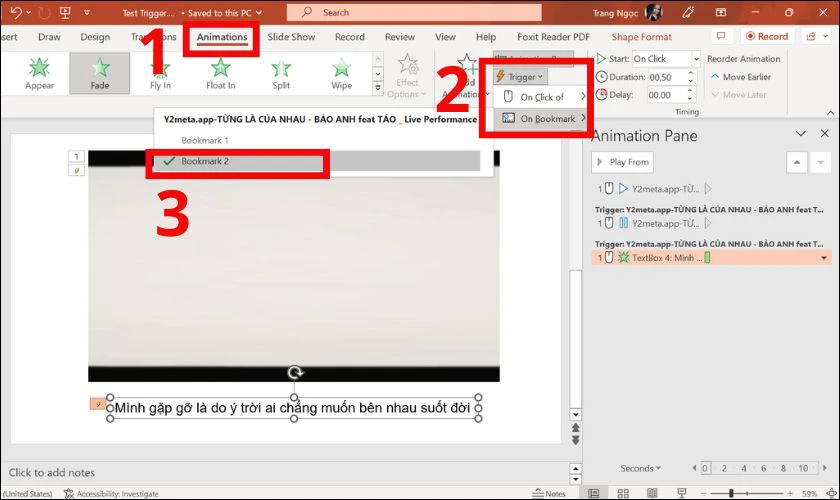Chọn Start effect on bookmarks v&agrave; chỉ định bookmark muốn hiển thị
