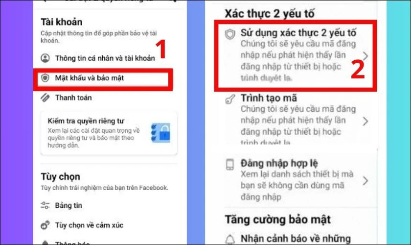 T&igrave;m v&agrave; chọn Mật khẩu v&agrave; bảo mật, sau đ&oacute; chọn Sử dụng x&aacute;c thực 2 yếu tố