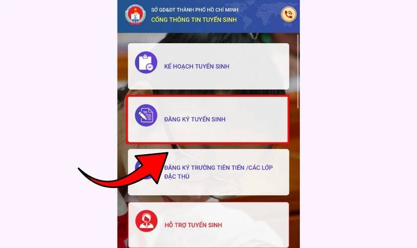 tuyensinhdaucap.hcm.edu.vn đăng nhập trên điện thoại - Bước 1, 2