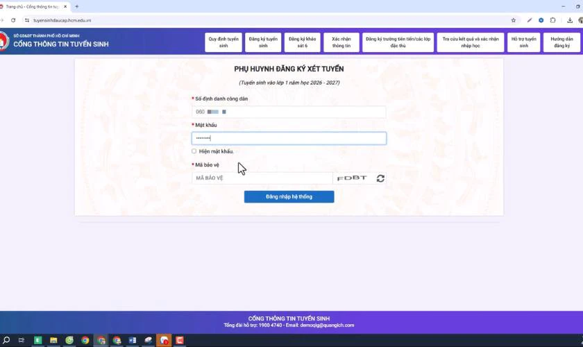 Các thông tin cần có khi đăng nhập tuyensinhdaucap.hcm.edu.vn