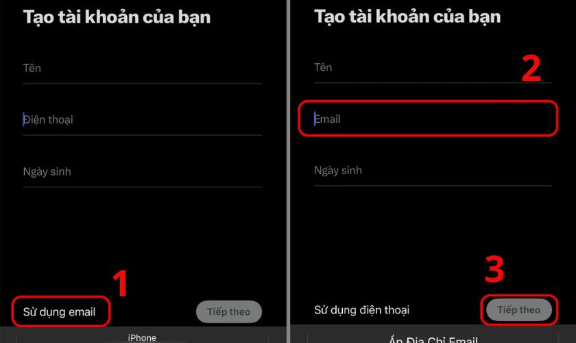 Sau đ&oacute;, nhập email của bạn v&agrave; nhấn Tiếp theo