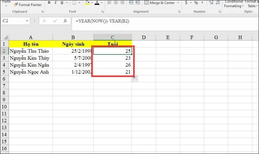 Số tuổi đã được tính theo năm trong Excel