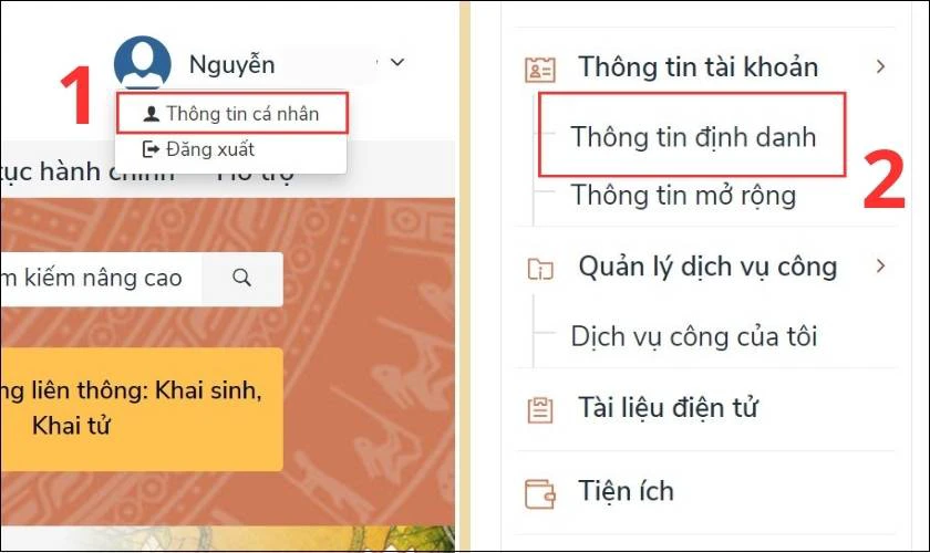 Chọn mục Thông tin cá nhân sau đó chọn Thông tin định danh