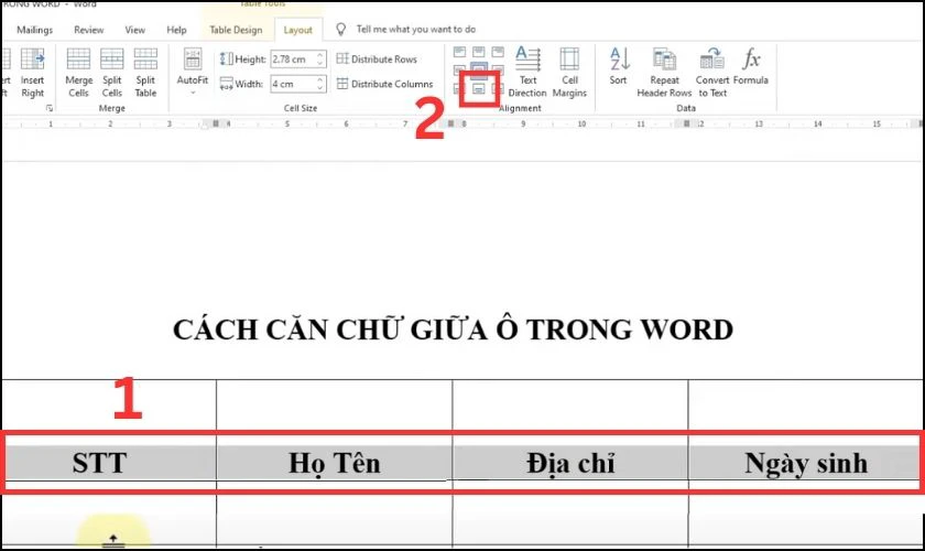 Align Bottom Center để căn giữa ở phía dưới ô