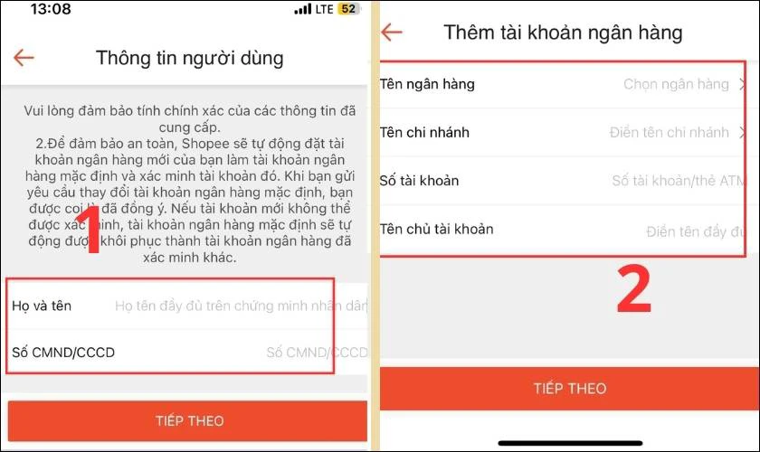 Nhập c&aacute;c th&ocirc;ng về t&agrave;i khoản ng&acirc;n h&agrave;ng