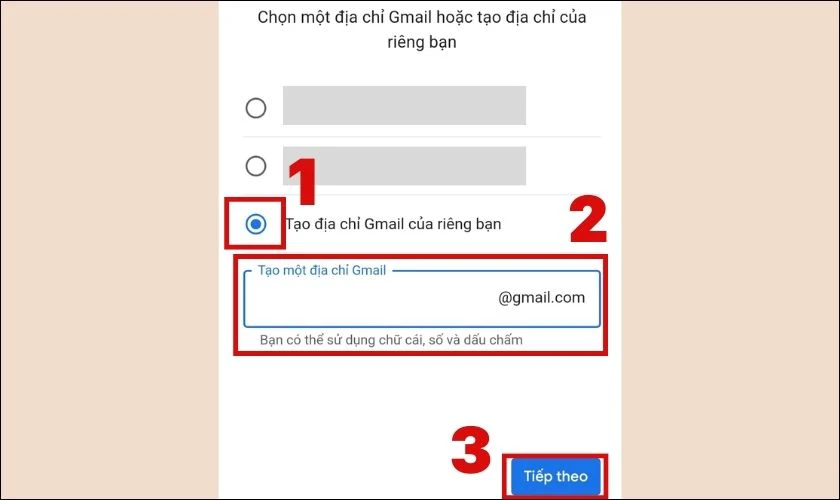 Điền địa chỉ Gmail v&agrave; nhấn v&agrave;o Tiếp theo