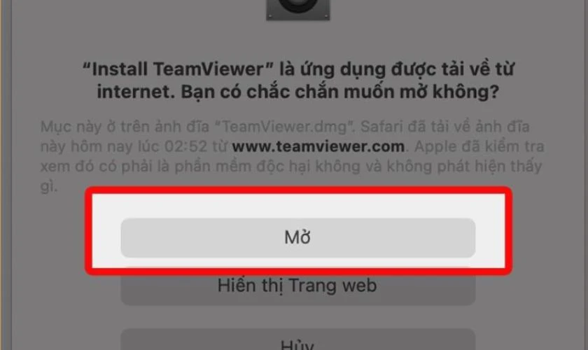 Nếu có cảnh báo về mở phần mềm từ Internet, hãy chọn Mở để tiếp tục